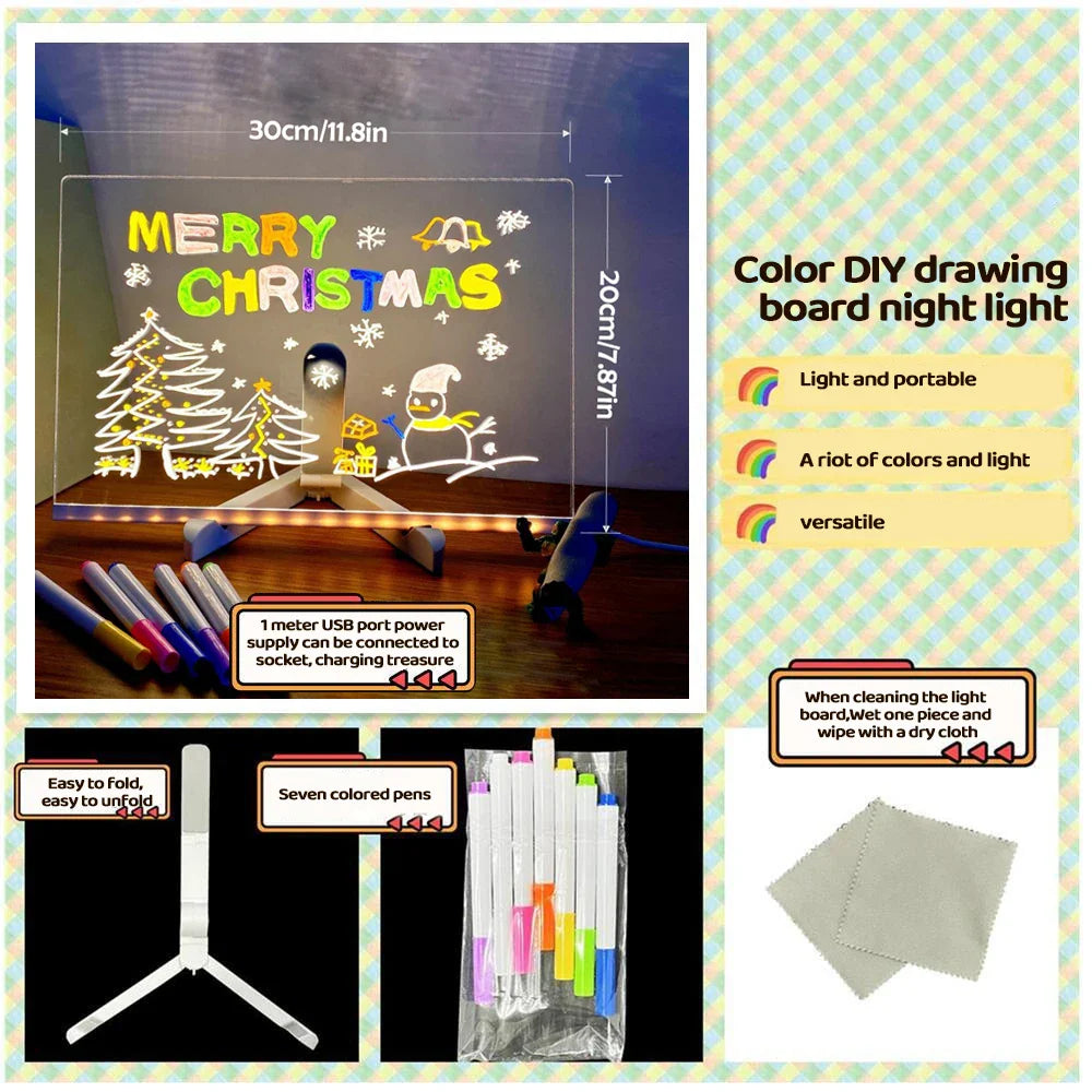 Tableau d'affichage LED – Bloc-notes acrylique à monter soi-même avec 7 stylos