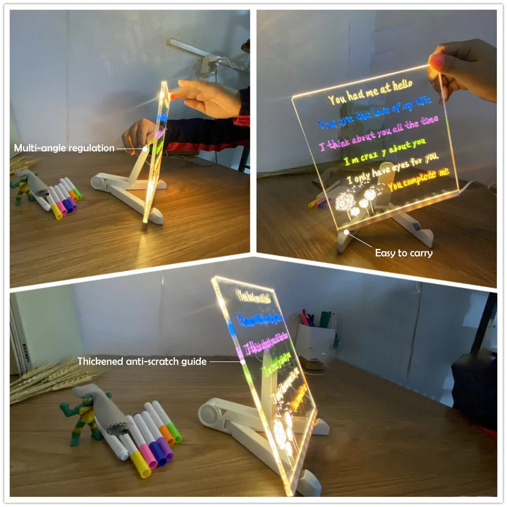 Tableau d'affichage LED – Bloc-notes acrylique à monter soi-même avec 7 stylos